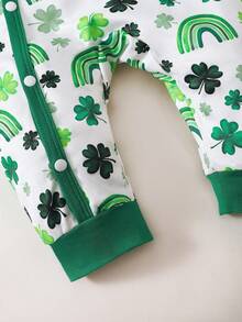 1pc Baby Boys' Green Four-Leaf Clover Print Hooded Front Snap Closure Romper + Hat Set - Green - View 6