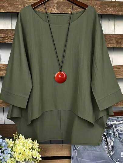 女式纯色圆领不对称下摆衬衫