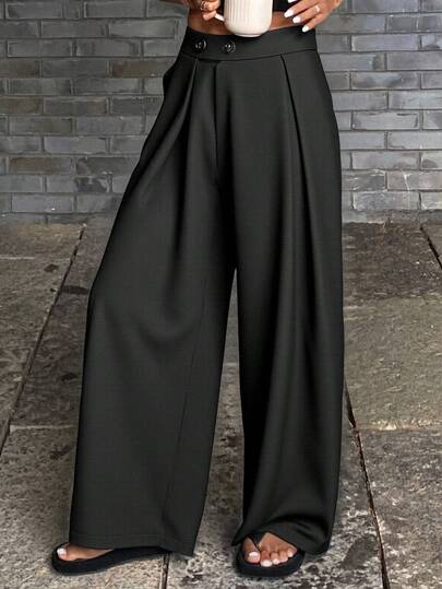 Livesso 女士纯色褶裥休闲高腰阔腿裤，带口袋，适合返校穿着