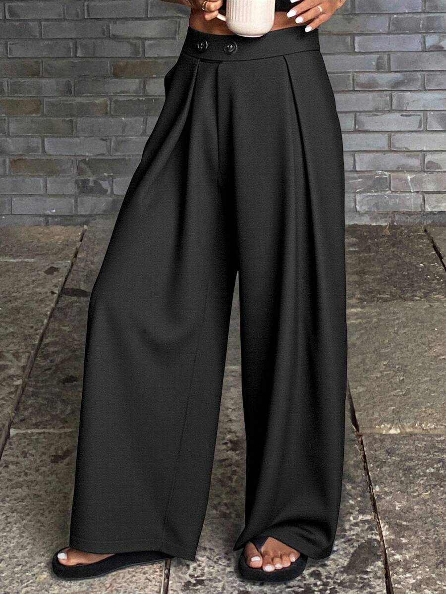 Livesso Women Solid Color Pleated Casual Pockets High Waist Wide Leg Pants,Back To School Clothes - Grey - View 1