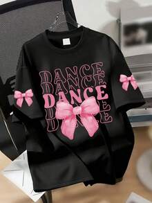 Girls' Casual Minimalist T-Shirt, Cute Bow Pattern, Pink Letter Print, Cartoon Style, Girls' Pullover, Round Neck Short Sleeve, Spring/Summer New Short Sleeve Top - Black - View 5