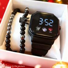 3pcs/Set Unisex Astronaut, Soccer, Heart Shaped Electronic Watch Paired With 2pcs Fashionable Crown Beaded Bracelet, Suitable For Christmas, Holidays, Daily Matching, School And Other Occasions - Black - View 1