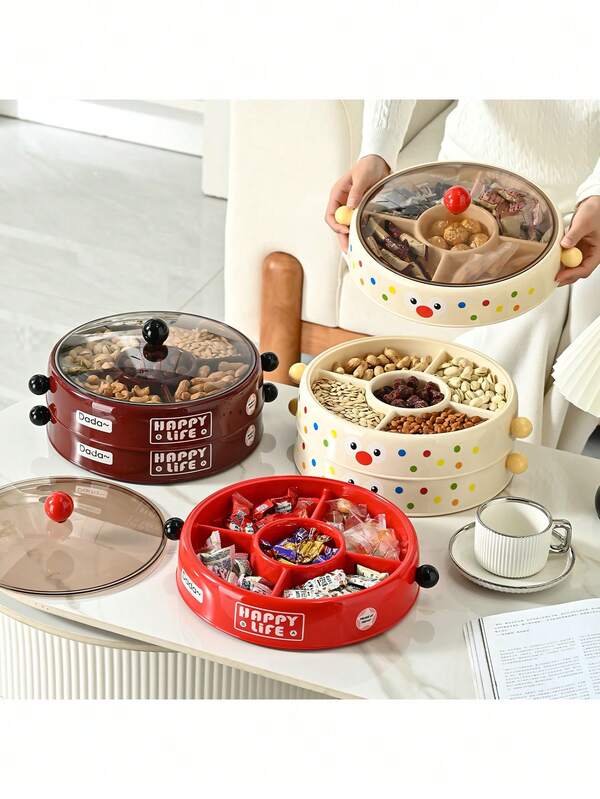 1pc Living Room Household Dry Fruit Tray Candy Box Chinese Nut Storage Box Sugar Tea Table Fruit Snack Tray,Cap Color Is Random