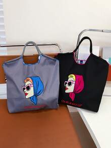 1个新款多功能刺绣可爱图案尼龙可折叠大容量手提包，配有可调节肩带，适合通勤、聚会、女士单肩手提包 - 彩色 - 查看 3