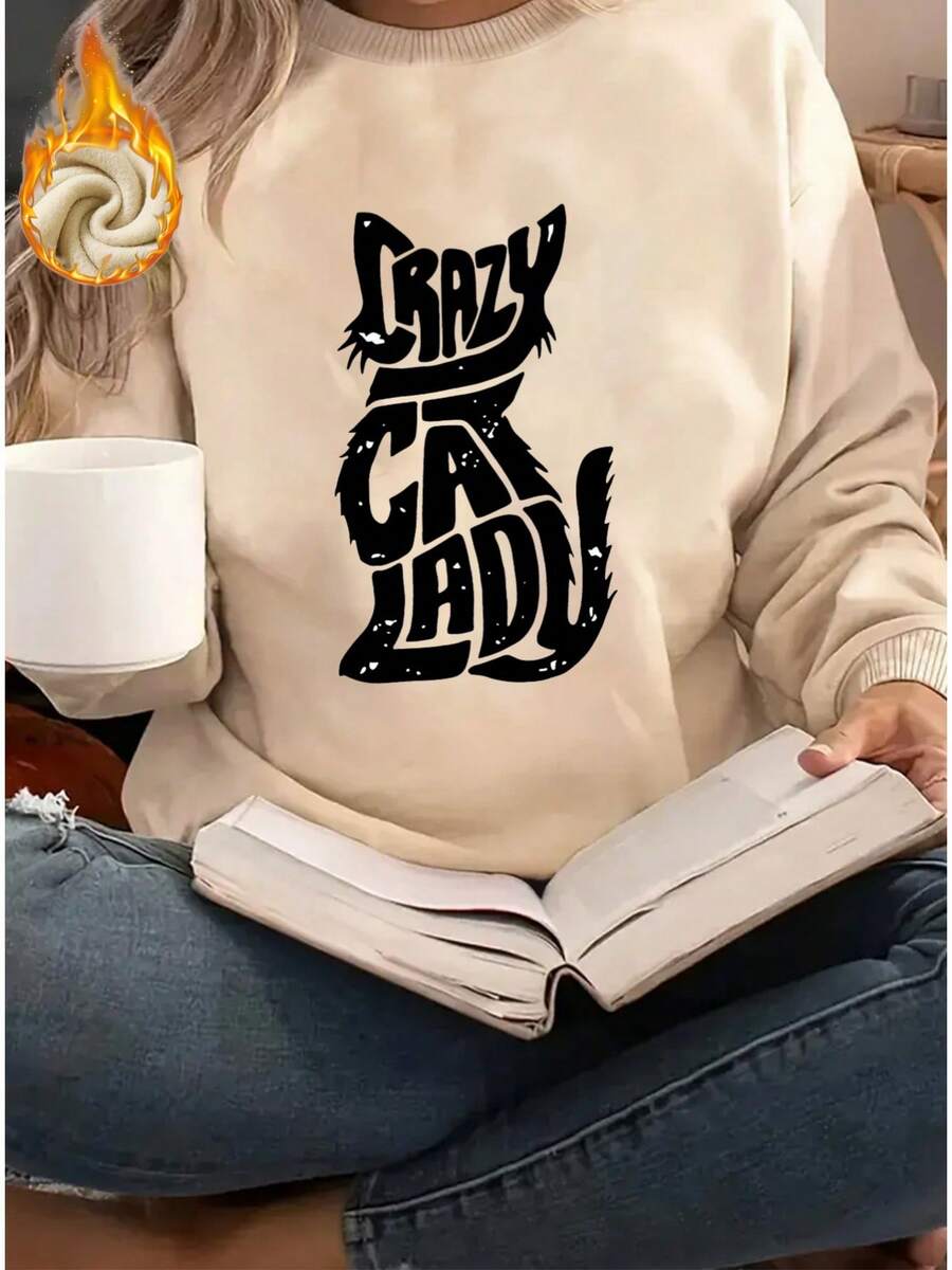 2026 Valentine Outfits For Women Crazy Cat Wizard Personality Print Women's Daily Casual Fleece Thickened Pullover Sweatshirt Loose And Comfortable Valentine's Day - 杏色 - 查看 1