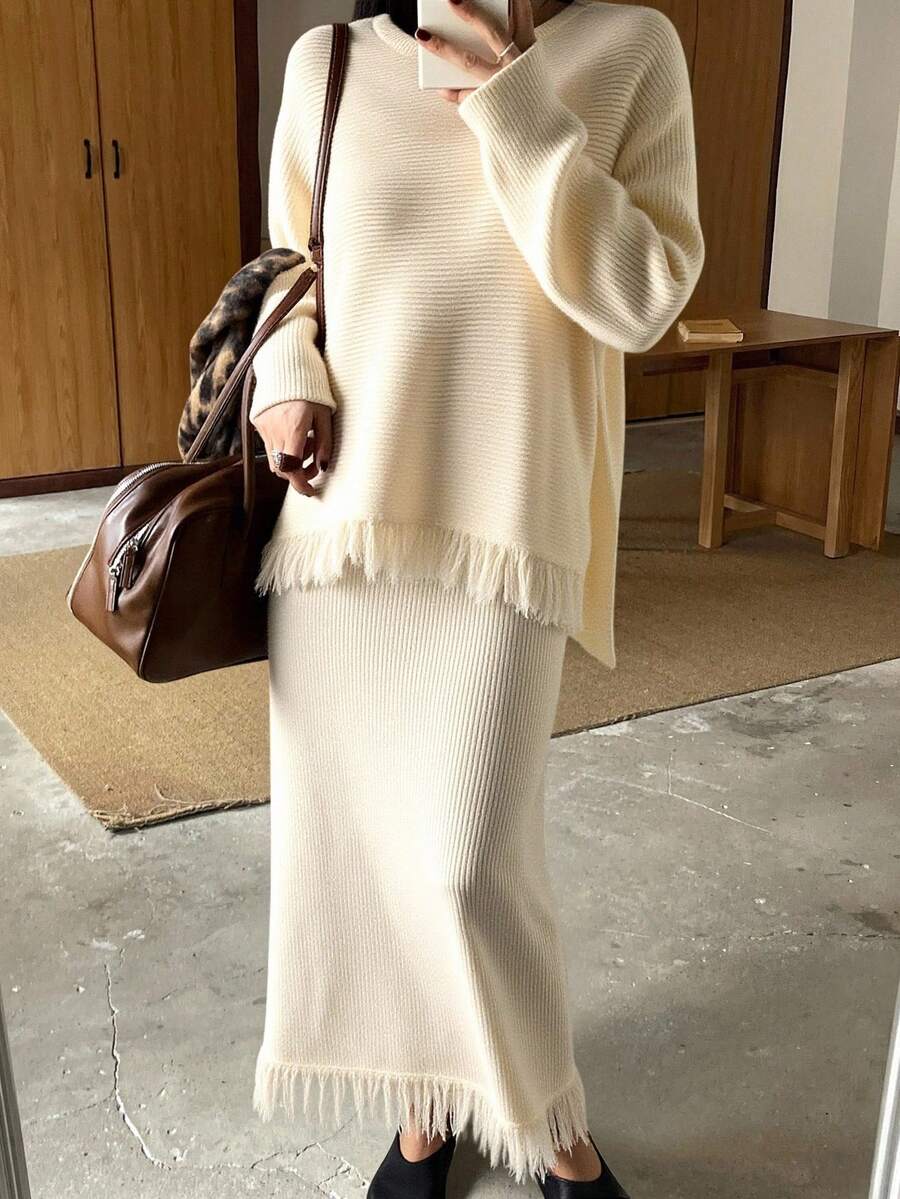 DAZY Women's Elegant Solid Color Fringe Knit Sweater & Skirt 2 Pieces Set, Autumn - Beige - View 1