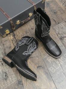 情侣款西部牛仔靴，男女通用 | 黑色刺绣中筒靴 | 复古防滑鞋底 | 时尚男女靴 - 日常穿着/街头穿搭/牛仔竞技