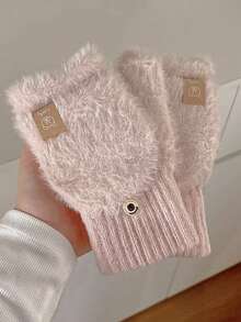 1双2025新款冬季露指翻盖半指手套白色蓬松女士加厚保暖手套适合学生骑行和触摸屏 - 彩色 - 查看 8