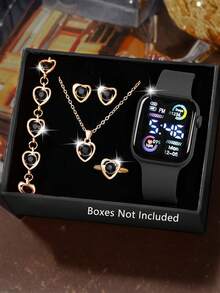 6件套女士时尚优雅LED数字显示电子手表，适合女性佩戴，配有手链、项链、戒指、耳环套装，适合作为生日/节日礼物送给女性，也非常适合日常生活，例如返校、旅行、派对装饰等。是毕业季、圣诞节、情人节送给女士的完美礼物。 - 彩色 - 查看 14