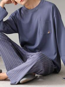 【AICJ睡衣】男士休闲宽松睡衣两件套，圆领长袖上衣，侧条纹长裤，针织面料，适合派对、居家、旅行、春季、秋季、冬季穿着。 - 藏蓝色 - 查看 5