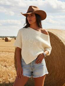 大码女装大码夏季休闲纯色吉祥字母图案蝙蝠袖毛衣上衣网眼镂空度假沙滩不对称下摆针织上衣女度假