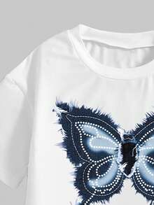 少女蝴蝶印花圆领短袖T恤搭配松紧腰工装裤休闲两件套 - 白色 - 查看 3