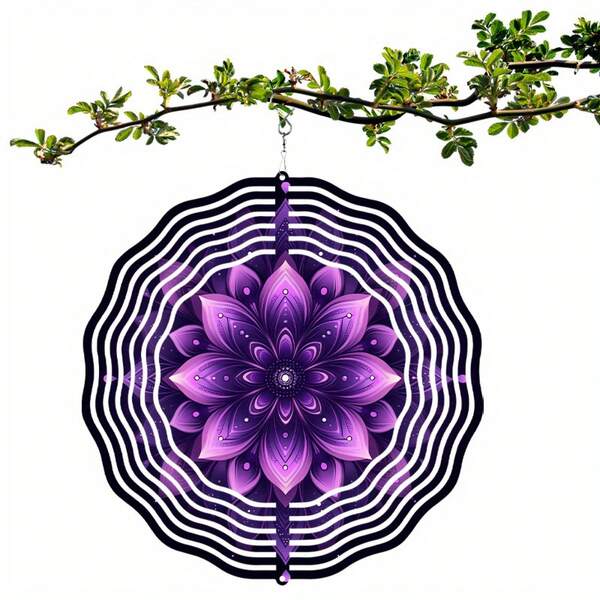 10-Inch Purple Mandala Flower Hanging Wind Spinner - Vibrant Metal Outdoor Wind Chime With 360° Rotating Hook, Perfect For Spring & Summer Balcony And Garden Decor, Battery-Free Design, Wind Chimes For Outside