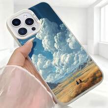 Cubierta de telefono con diseño de paisaje montañoso azul claro con nubes blancas y campo dorado para iPhone 14 Pro Max funda protectora elegante para uso diario en cafeterías y viajes - Blanco - Ver 5