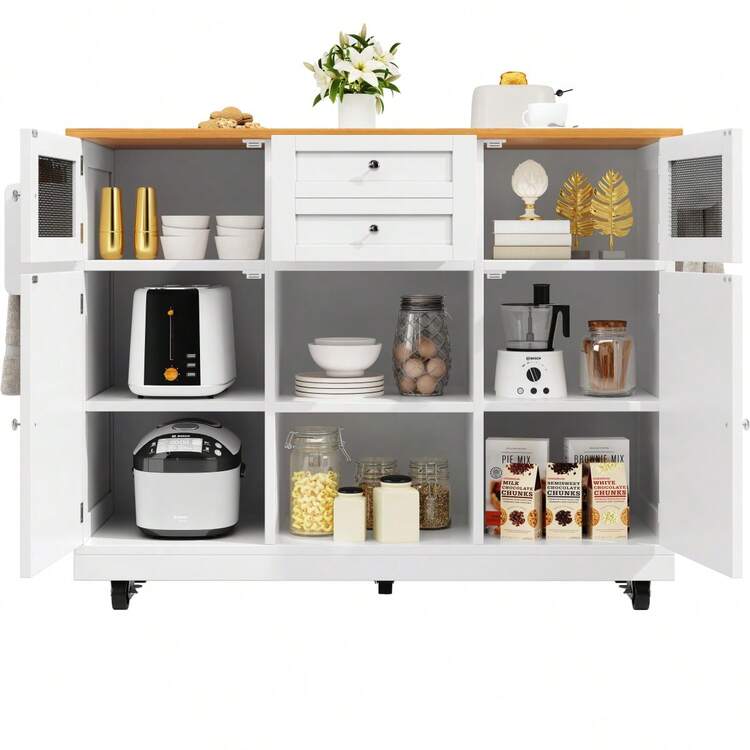 Isla de cocina, carrito de comedor con encimera, mueble buffet, carrito de comedor con veta de madera, toallero lateral, puertas de gabinete tridimensionales con ruedas, particiones ajustables, negro - Blanco + MDF - Añade 7