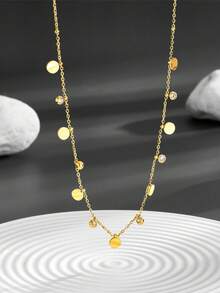 1pc Minimalist Square Stainless Steel & Cubic Zirconia Crystal Necklace, Fashion Jewelry Set, Suitable For Daily Wear, Unique Gift For Women - Yellow Gold - View 10