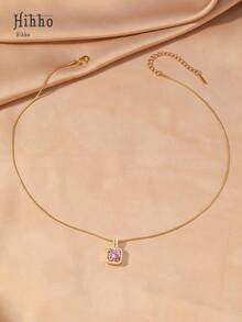 Hihho 1pc Pink Gemstone Necklace, Gold Snake Bone Chain Luxurious Design, Suitable For Everyday Wear, Dates, Outfit Accessory - Pink - View 2