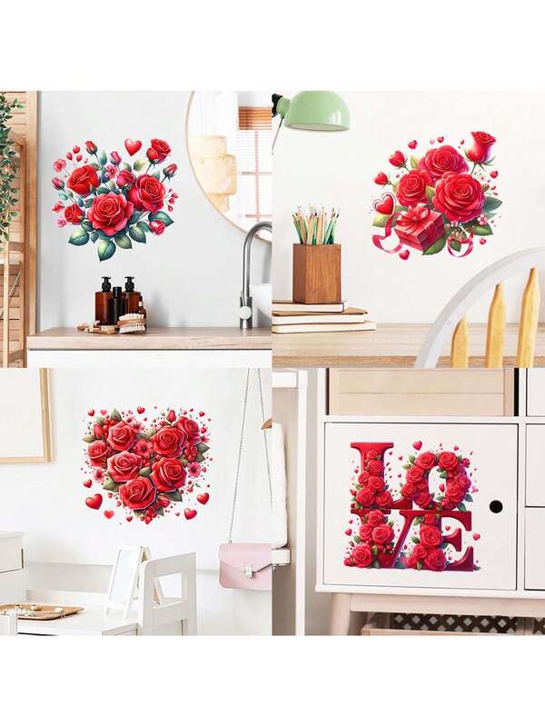 1pc Valentine's Day Heart Rose Decorative Sticker PVC Sticker Removable Self-Adhesive Easy-Tear Sticker Home Decor To Brighten Up Your Life Holiday Decor Stickers Birthday Graduation Gift