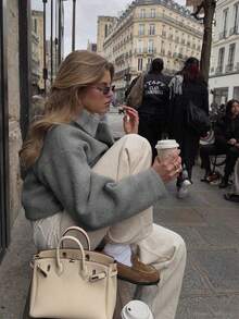 Áo khoác ngoài cổ bẻ túi màu trơn cho nữ, đi làm thường ngày, mùa đông - Xám - Xem 1