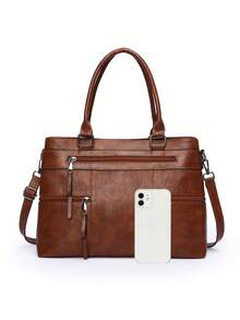 1pc Women's Solid Color Retro Handbag, Large Capacity Tote Bag With Multiple Zipper Pockets, Waterproof PU Dual Top Handle Portable Outdoor Casual Business Versatile Shoulder Bag, Stitched Anti-Theft Crossbody Bag - Brown - View 5
