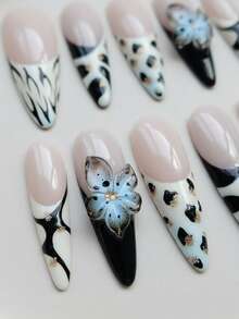 Y2K美甲10片装长杏仁形手工按压式美甲贴片 - 哥特式黑白渐变斑马纹美甲贴片和豹纹美甲贴片，饰有3D立体水滴形花朵浮雕，法式美甲贴片，可拆卸可重复使用（含果冻胶和指甲锉），圣诞主题美甲，日常佩戴和派对的完美之选 - 彩色 - 查看 3
