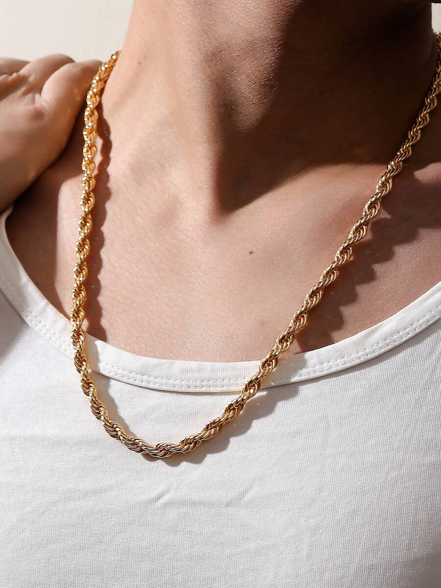 22K镀金扭绳链项链，男女皆宜的嘻哈风格个性化项链，街头时尚日常佩戴及派对必备饰品 - 金色 - 查看 1