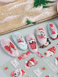2 Sheets Xmas Deer Nails Stickers 5D Relief White Red Deer Christmas Lights Bear Penguin Design Adhesive Cartoon Bear Decal Nail Art Decor - 彩色 - 查看 7