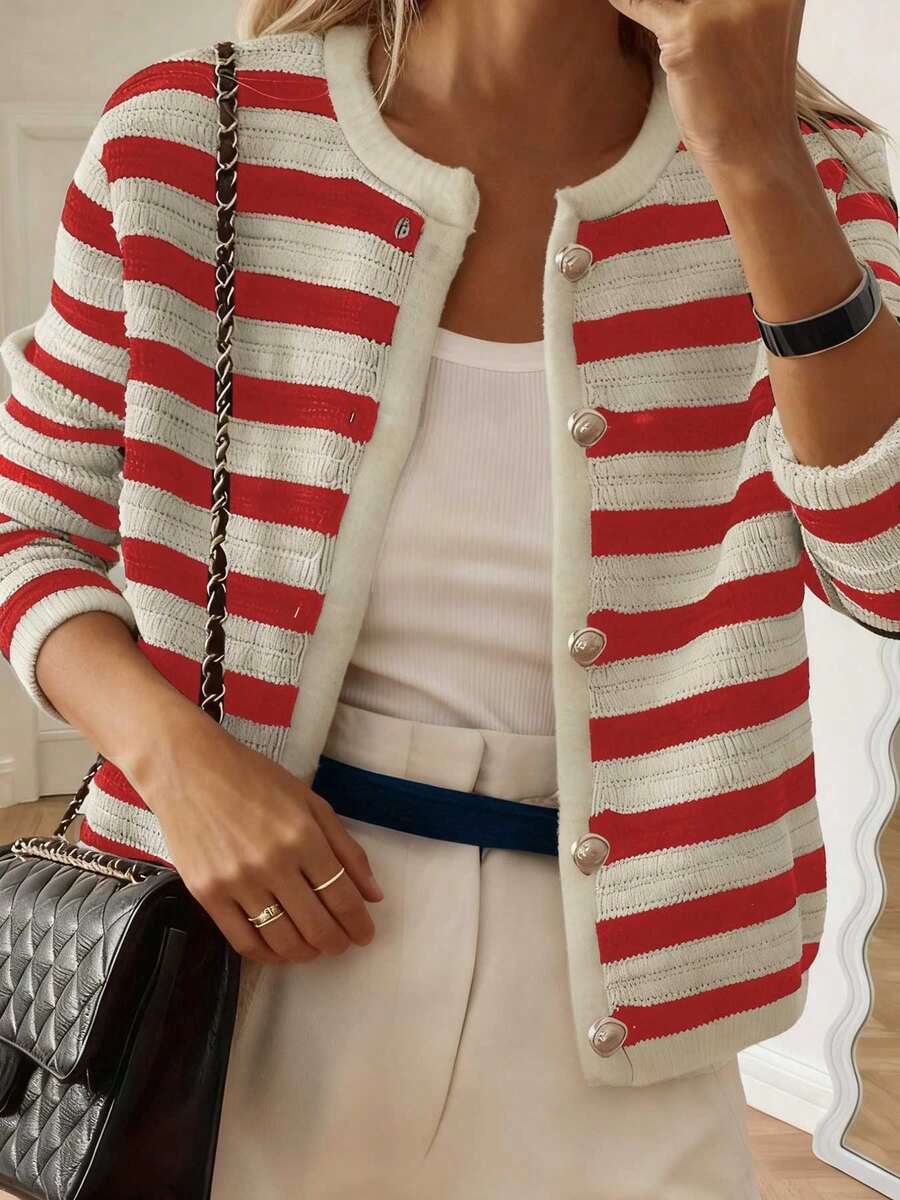 Áo len cardigan cổ tròn tay dài màu tương phản thanh lịch dành cho nữ, áo dài tay màu đen và trắng cài nút phía trước - Đỏ - Xem 1
