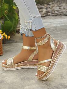 Plus Size Fashion New Rivet Decor Twist Buckle Women's Platform Thick Bottom Sandals, Summer Elegant Wedge High Heel Shoes, Suitable For Daily, Casual, Beach, Mother's Day Gift, Woven Ankle Strap Platform Sandals - Gold - View 4