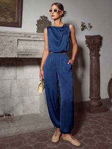 Sollinarry 女士夏季休闲无袖立领金属扣装饰上衣搭配抽绳腰带可调节下摆宽松长裤两件套，适合外出、度假、音乐节等场合。 - 藏青色 - 查看 2