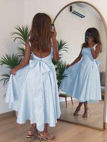 Glamful Floreya 2025 春夏优雅收腰吊带伞裙，纯色浪漫收腰连衣裙，后背蝴蝶结设计，独特法式吊带连衣裙 - 藍色 - 查看 5