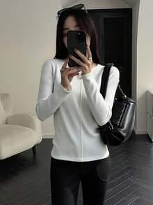 DAZY Women's Loose Business Casual Fashion Street Basic Long Sleeve T-Shirt, Patchwork Design, Autumn - White - View 6