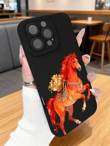 1 pieza Funda de teléfono con diseño de caballo rojo portando un recipiente lleno de lingotes de oro, estilo artístico inspirado en la cultura china ideal para celebraciones del Año Nuevo Chino y simbolismo de prosperidad, protección elevada para lente con diseño de ojo, resistente a golpes, compatible con iPhone17 ProMax/16/15/14/13/12/11/Plus/Pro/ProMax, compatible con Galaxy A34/A35/A54/A55, Galaxy S20/S21/S22/S23/S24/S25 Ultra/Plus, compatible con Galaxy/Redmi/Honor/OPPO/ViVo - Negro - Ver 5