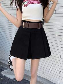 复古学院风短款百褶裙，收腰设计，配腰带 - 黑色 - 查看 2