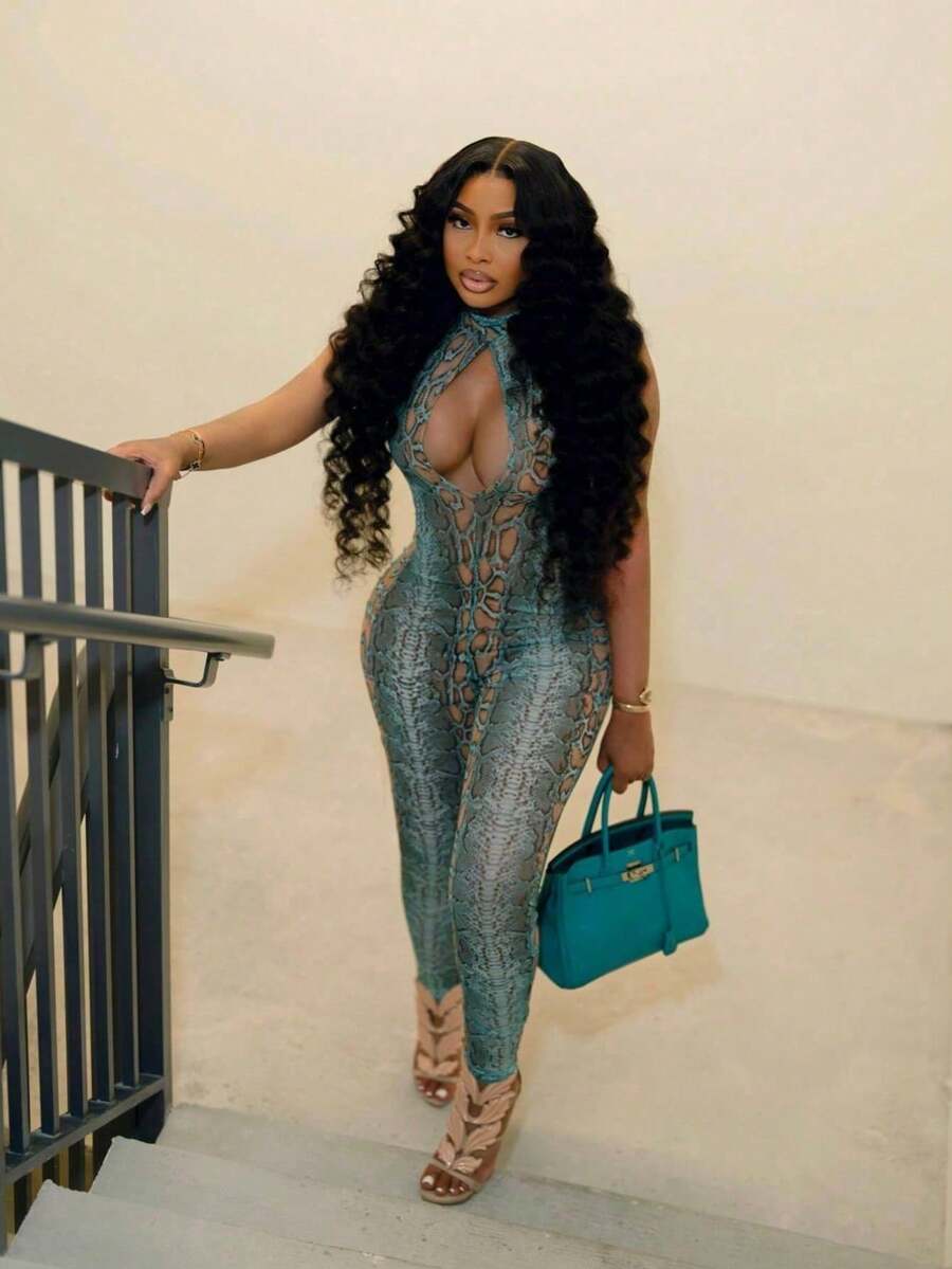 Sexy Style Hollow-Out Animal Print Hip-Hugging Halter Jumpsuit For Women - Màu xanh lam - Xem 1