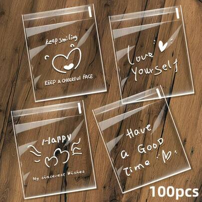 约100个透明心形四合一自粘礼品袋，印有励志语录 - 塑料派对礼品袋，适用于生日、婚礼、节日 - 可重复使用的小礼品包装袋，礼品袋，节日礼品袋，心形设计，自封袋