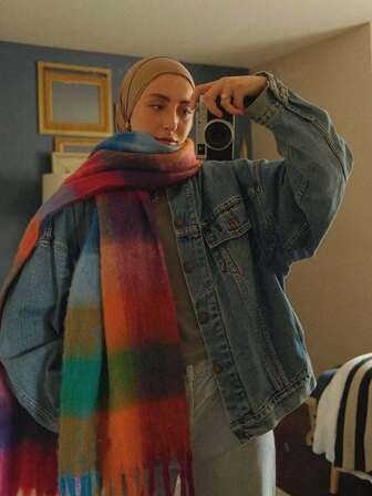 1 pieza Bufanda a cuadros colorida para mujer, cálido y elegante cuello, adecuado para uso al aire libre en otoño/invierno