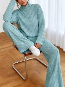 Women's Turtleneck Ribbed Knit Sweater And Wide Leg Pants Set, 2 Piece Outfit For Fall Winter, Loose Fit Casual Loungewear Tracksuit, Matching Set For Daily Wear - 藍色 - 查看 5