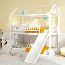 Łóżko piętrowe dla dzieci 90*200, łóżko wysokie, ze zjeżdżalnią i drabinką do przechowywania, wysoka barierka, rama łóżka z litego drewna, stelaż z listew, kolor drewna - Biel + Drewno + Sypialnia - Zobacz 10