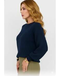 Blusa de Tricô Feminina detalhes em Listras - Azul Marinho - Visão 6
