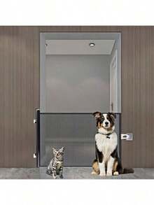 1pc Easy Install Retractable Black PVC Pet Gate - No Drill Fence For Indoor Stairs, Dog Barrier, Cat Enclosure With Automatic Closing Feature, Cat Gate For Outsid