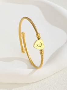1pc Exquisite And Simple Gold Stainless Steel Heart With Letter Decoration Open Bracelet Children'S Jewelry Accessories Party Gifts Family And Friends Dress Up Accessories
