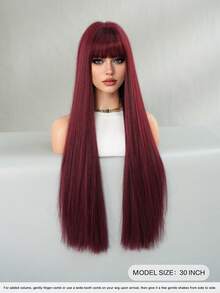 Elegant-30 Inch Velvet Wine Wigs For Women, Long Straight Wigs With Bangs, High Quality Soft Synthetic Fiber Wigs For Women Daily Wear, Festival Ready Party Use, Perfect Gift - Beginners Glueless Wig Accessories - 酒紅色 - 查看 4