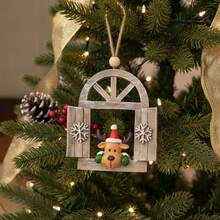 Adorno navideño con forma de ventana, diseño creativo de reno, muñeco de nieve y Papá Noel, para colgar en el árbol. - vistoso - Ver 4