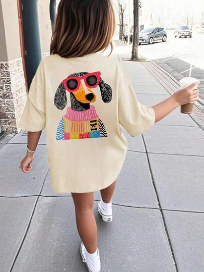 Girls & Teens Students Casual Printed Apricot Round Neck Short Sleeve T-Shirt, Summer Top