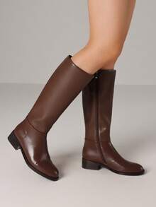 Women's Knee High Boots Round Toe Flat Wide Calf Long Boots Riding Boots Knight Boots Side Zipper Suitable For Outdoor Commuting Office - màu nâu sô cô la - Xem 4