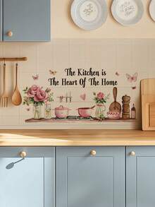 1件粉色玫瑰餐具英文名言墙贴，可移除墙贴，适用于厨房、餐厅、卧室装饰 - 粉色 - 查看 4