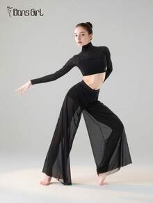 DonsGirl 女式高领短款上衣和超柔软弹力网眼阔腿裤套装 - 百搭黑色套装，适合空中瑜伽、现代/古典芭蕾舞表演服装 - 黑色 - 查看 7