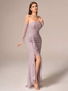 VIPGIRL Luxury Elegant Women's Long Lace Dress, Strapless Off Shoulder With Ruffles Slim Fit For Evening Party, Valentine's Day Wedding Spring - Dusty Pink - View 9