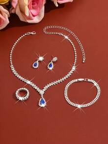 Bộ 3 món trang sức vòng cổ, hoa tai và vòng tay đính đá kim loại bạc, phụ kiện cưới cô dâu - 734783424-2 Bộ màu xanh hoàng gia - HB - Xem 3